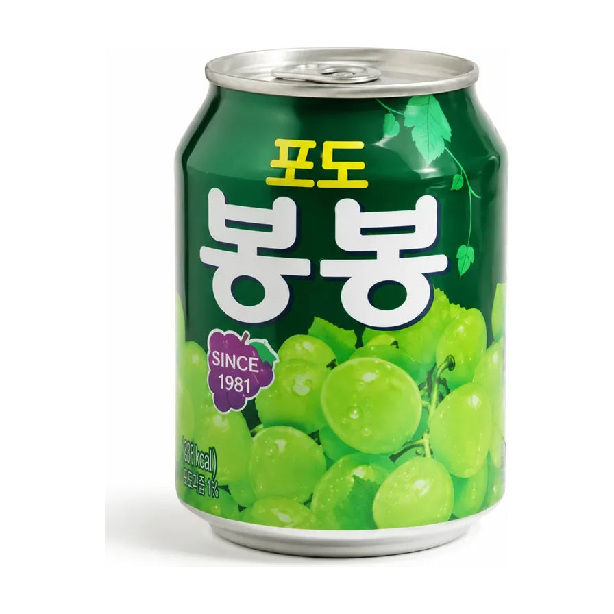 海太 BonBon 葡萄果肉饮料 238ml 罐装，绿色包装印有饱满的青葡萄图案和韩文标识。