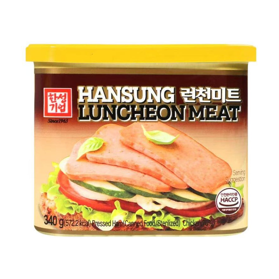HANSUNG 韩国优质午餐肉 340g 罐装正面图，展示黄色顶盖及包装上的午餐肉切片食用建议图示。