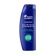 海飞丝临床强力系列洗发水，深蓝色瓶身，正面印有 Head & Shoulders Clinical Strength Cooling Itch Rescue 字样，展示清凉止痒去屑功能。