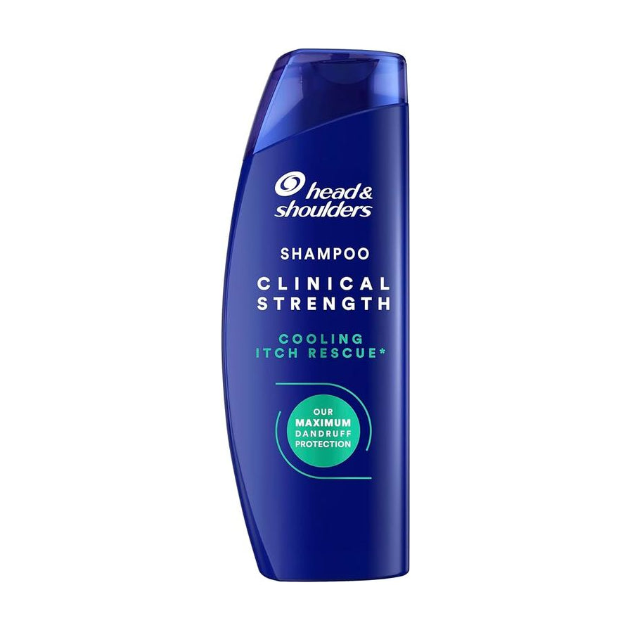 海飞丝临床强力系列洗发水，深蓝色瓶身，正面印有 Head & Shoulders Clinical Strength Cooling Itch Rescue 字样，展示清凉止痒去屑功能。
