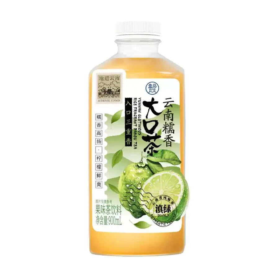 盒马云南糯香大口茶正面包装图，瓶身印有柠檬图案及糯香高扬、柠檬鲜爽字样，净含量900mL。