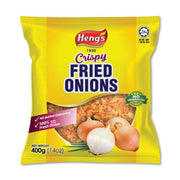 Heng's 炸洋葱 400g 包装正面图，黄色包装袋上印有 Crispy Fried Onions 字样，下方有新鲜洋葱和炸洋葱碎的图案。