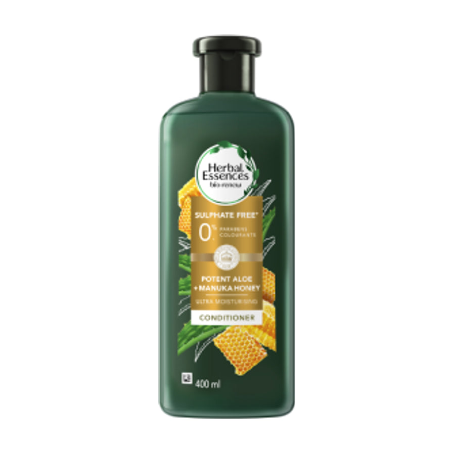Herbal Essences 蜂蜜芦荟护发素正面图，绿色瓶身，滋润保湿，400ml