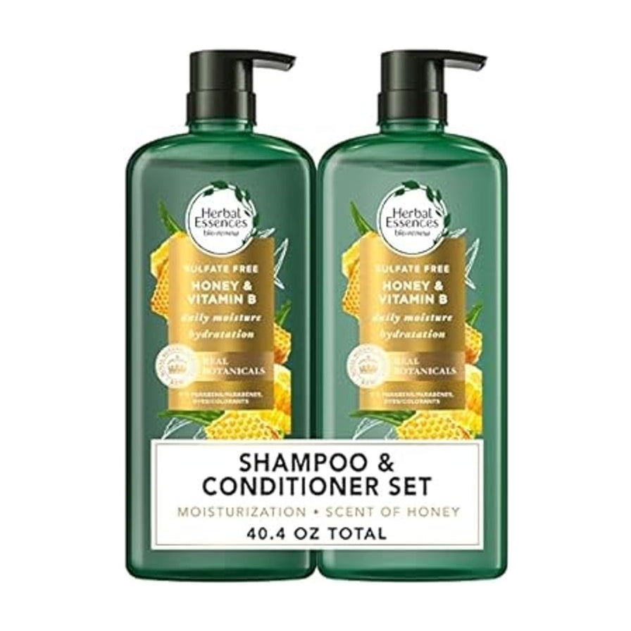 Herbal Essences 洗护套装组合图，包含洗发水和护发素两瓶，带英文说明标签