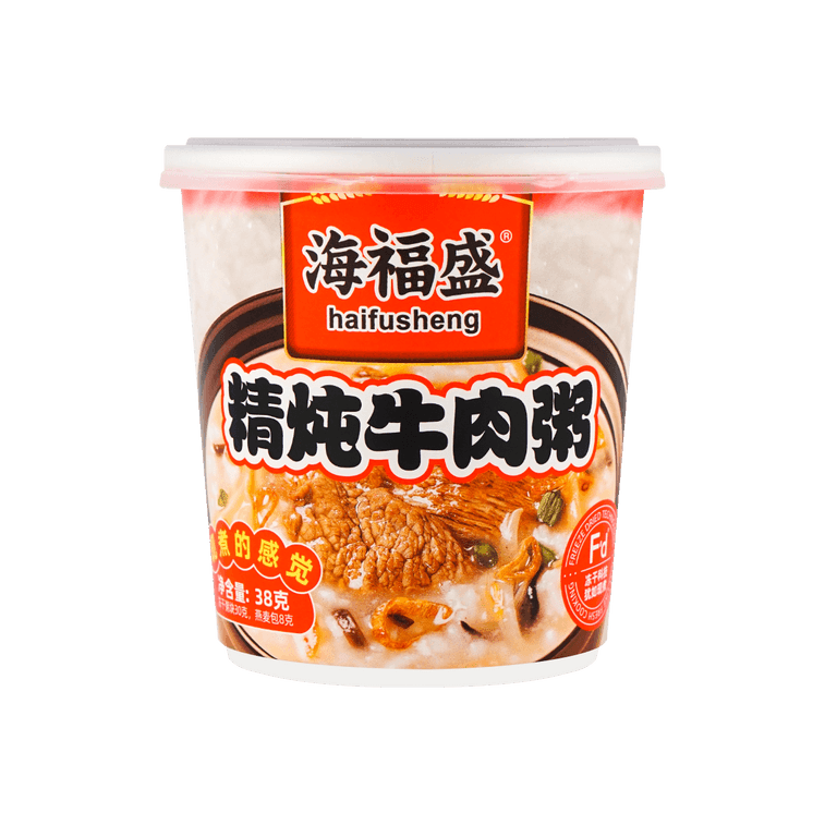 海福盛精炖牛肉冻干粥杯装正面，包装呈现牛肉块与浓郁汤底
