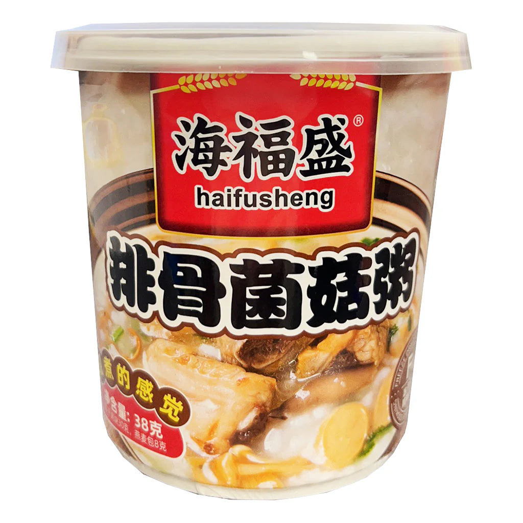 海福盛排骨菌菇冻干粥杯装正面，包装可见排骨与菌菇配料