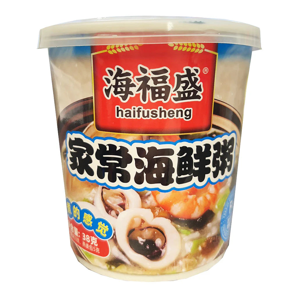 海福盛家常海鲜冻干粥杯装正面，包装展示虾仁与海鲜食材