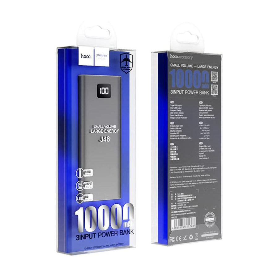 HOCO J46 10000mAh 移动电源包装展示，包含正面和背面视图，显示数显电量、三输入接口及产品详细参数。