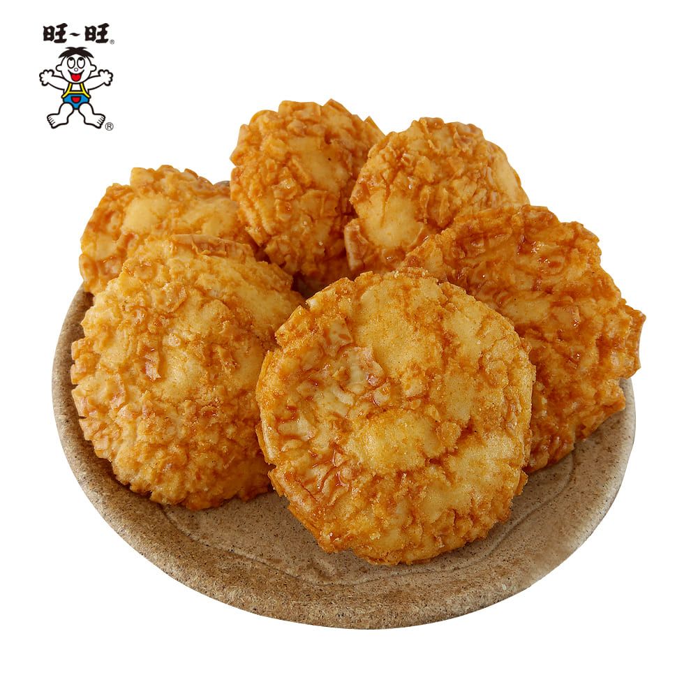旺旺大仙贝酥多片堆叠展示图，体现松脆质感与咸香色泽