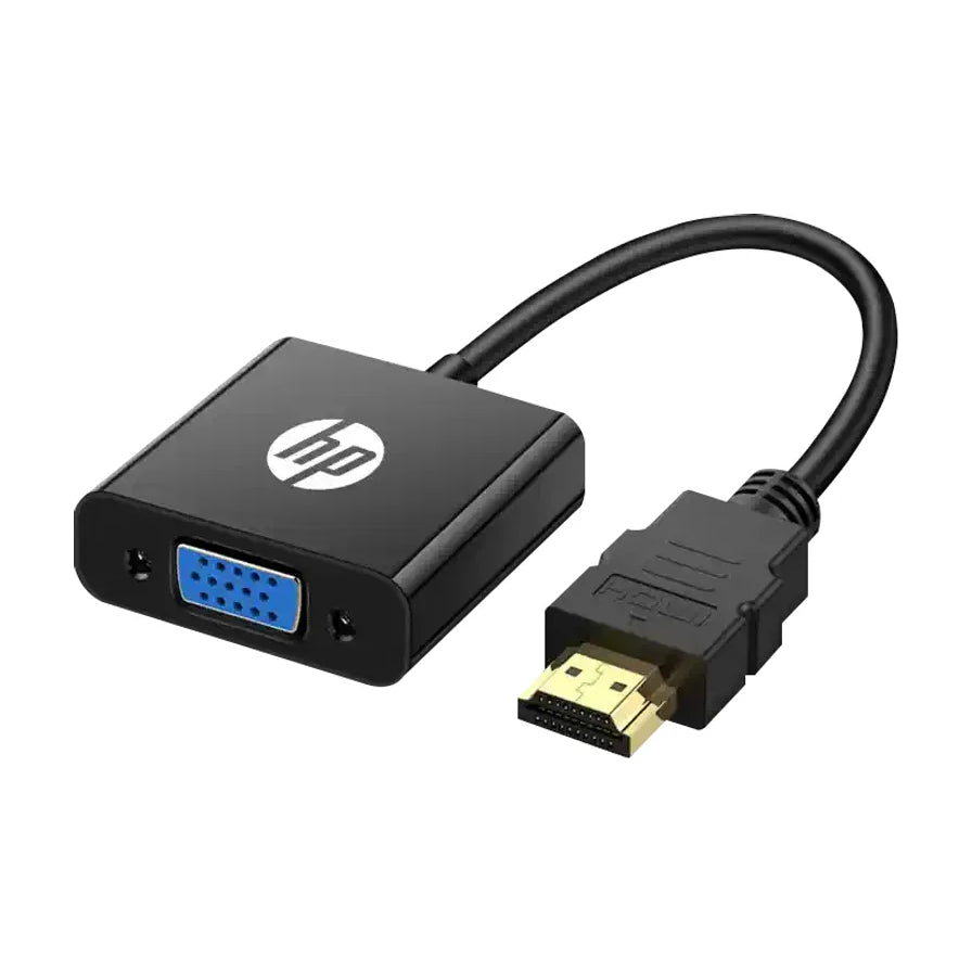 HP 惠普 HDMI 转 VGA 高清转换器，黑色机身印有白色 HP 标志，展示 HDMI 输入接口与 VGA 输出接口。