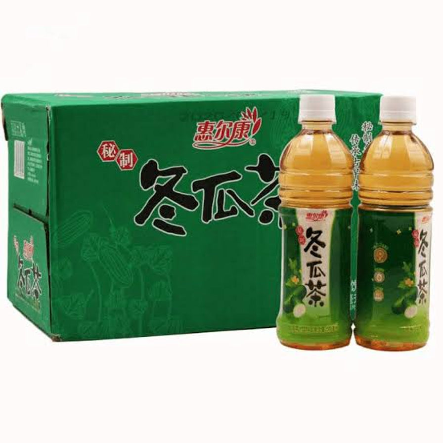 惠尔康冬瓜茶500ml瓶装与绿色整箱包装展示