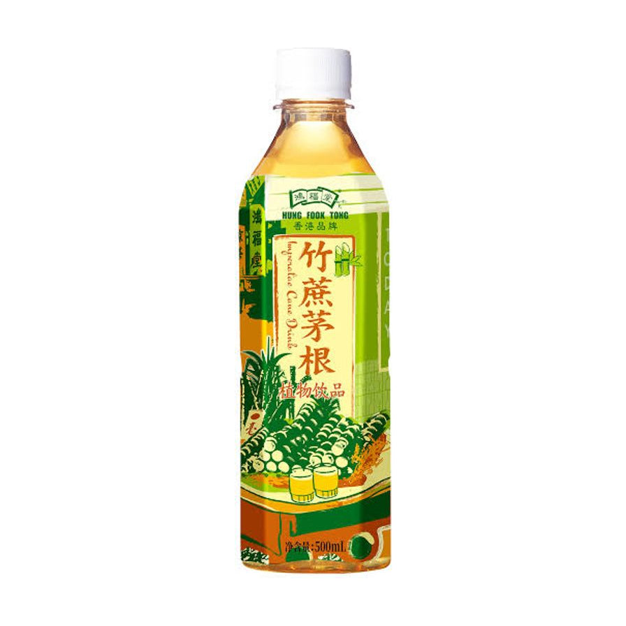 鸿福堂竹蔗茅根水500ml瓶装，包装印有竹蔗和茅根插画，白色瓶盖。