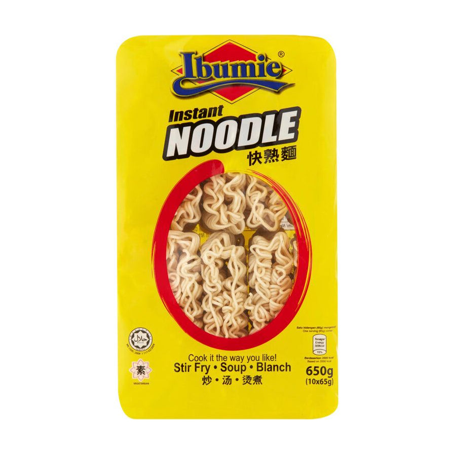 Ibumie益福快熟面650g大包装，黄色包装袋正面，中间透明窗口可见面饼，印有炒、汤、烫煮字样及清真认证标志。