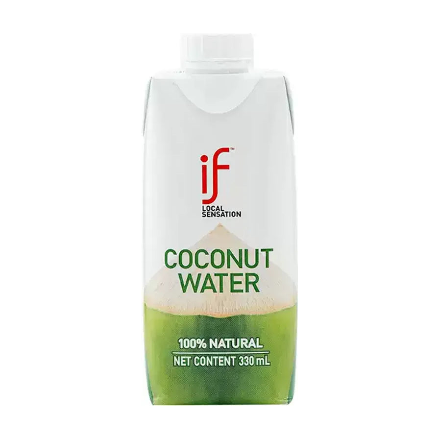 IF品牌100%天然椰子水330ml单瓶装，白色利乐包装，正面印有椰子图案和COCONUT WATER字样。