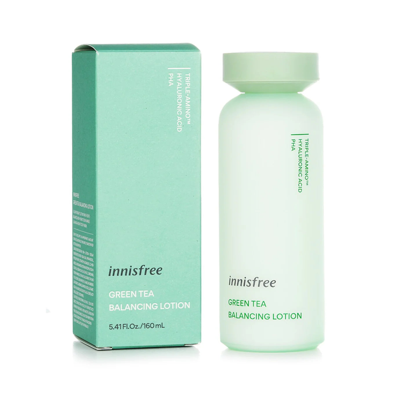 悦诗风吟绿茶平衡乳液 160ml 瓶身正面展示，白色简约包装