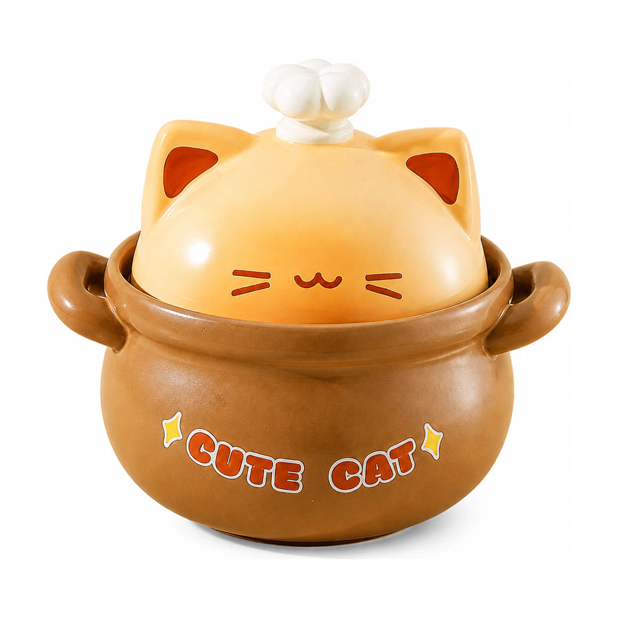 日式耐高温猫咪煲汤砂锅，棕色锅身印有CUTE CAT字样，锅盖为萌趣猫耳造型，白色背景。