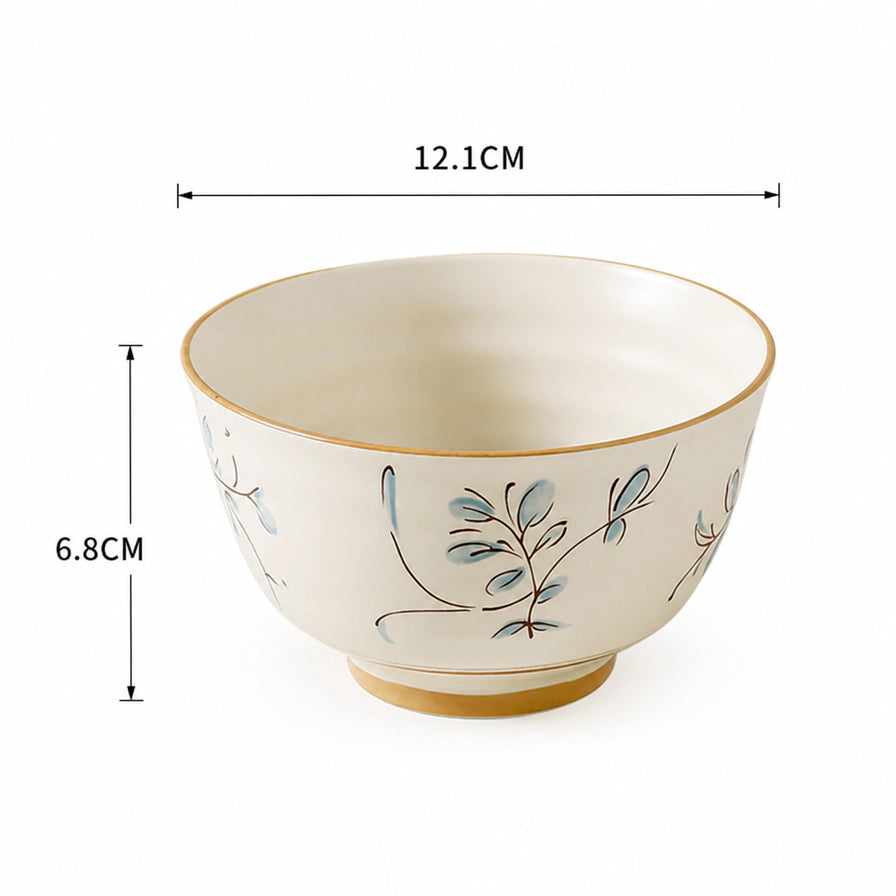 日式兰花草陶瓷饭碗的尺寸标注图，显示直径为12.1cm，高度为6.8cm。