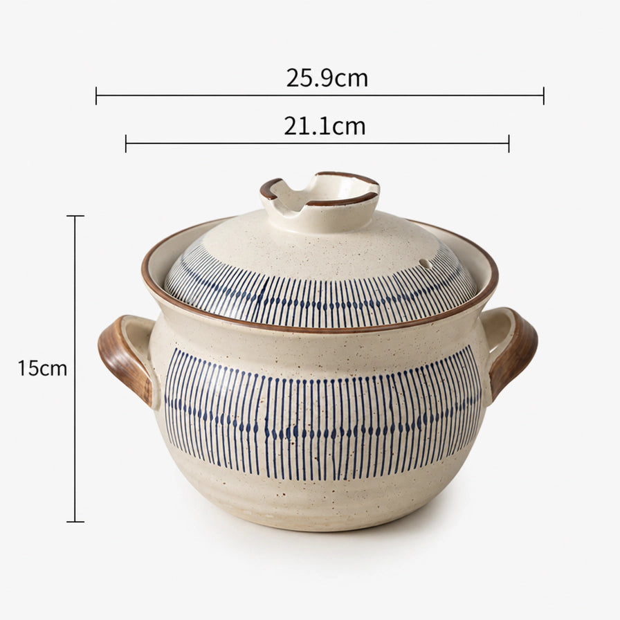 日式条纹砂锅的尺寸标注图，显示锅盖直径21.1cm，含手柄总宽25.9cm，锅身高度15cm。