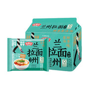 今麦郎兰州拉面包装展示，包含大袋装和单包装，青绿色包装印有兰州拉面字样及成品示意图。