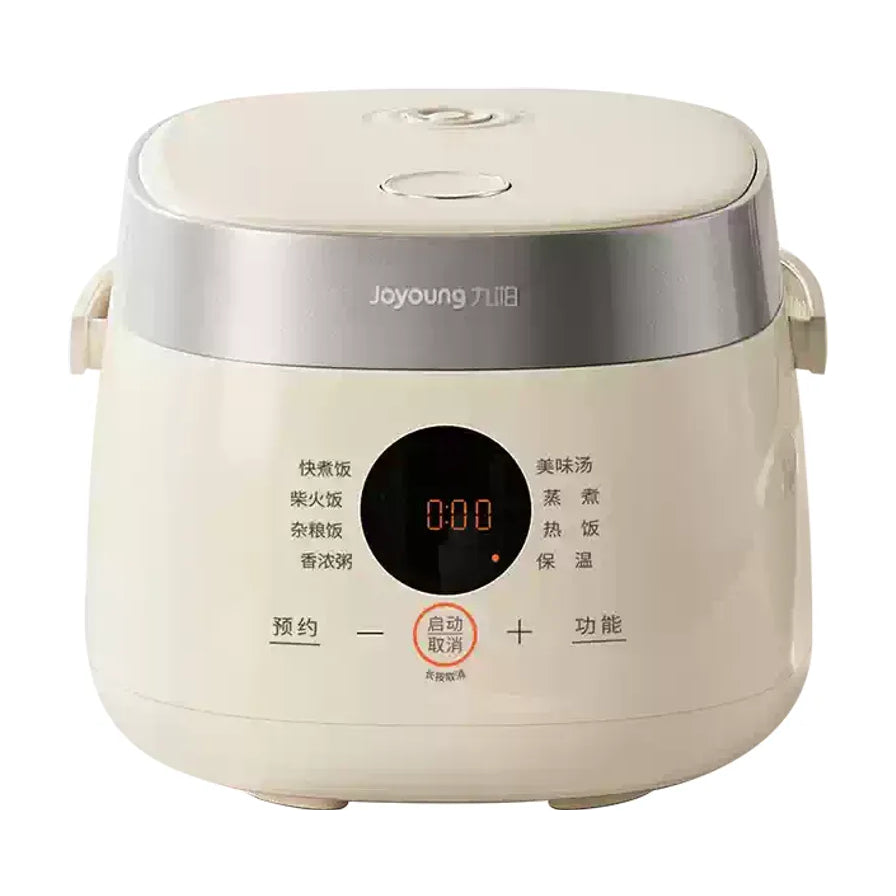九阳 Joyoung 2L 迷你电饭煲正面图，米白色圆润机身，黑色触控面板显示多种烹饪模式。