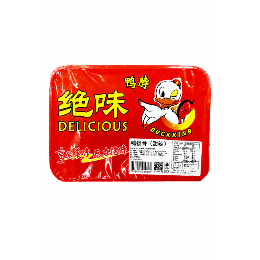 绝味甜辣鸭锁骨红色塑封包装正面，展示甜辣口味和鸭子卡通图案。