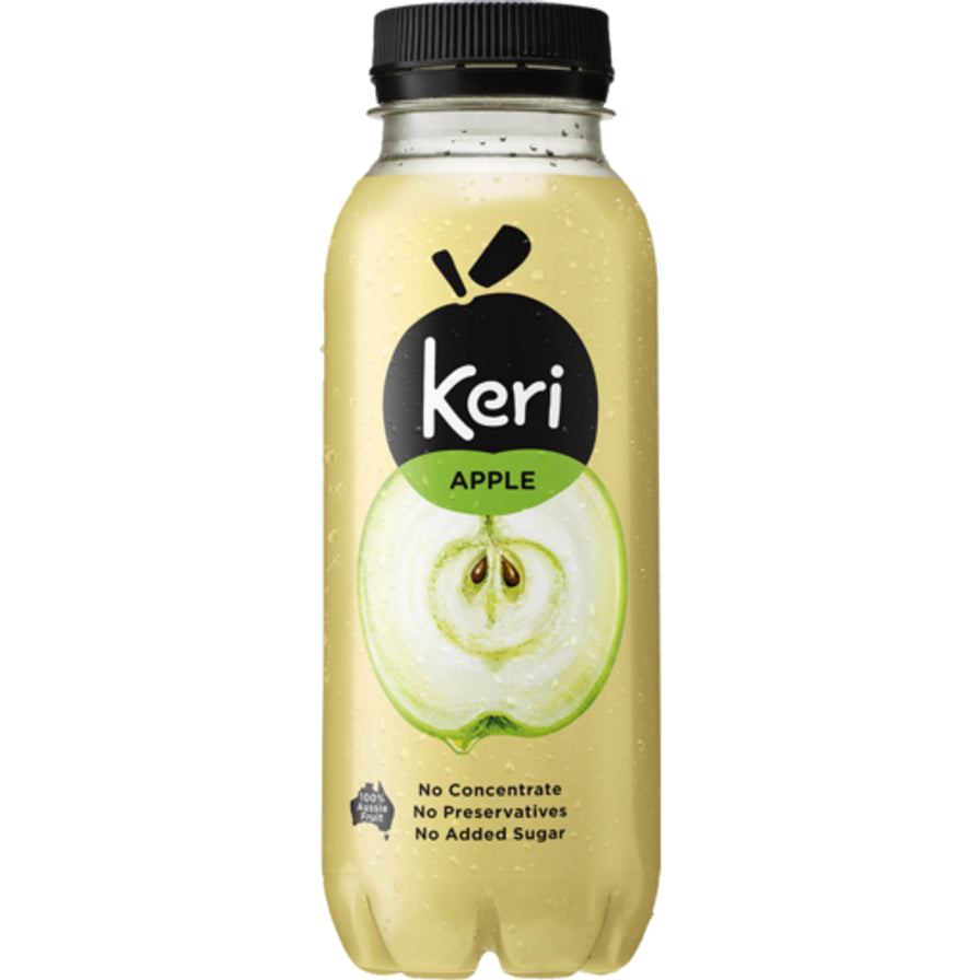 一瓶 Keri 苹果汁，瓶身带有青苹果切面图案，标注非浓缩还原、无防腐剂、无添加糖。