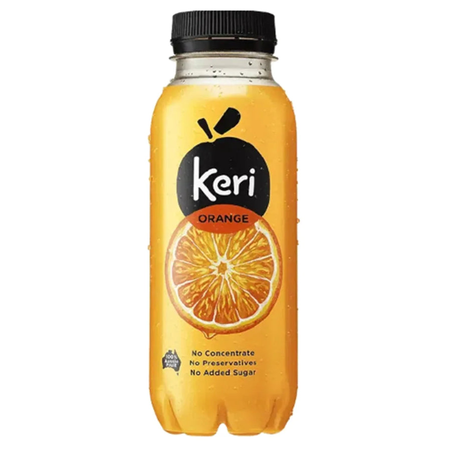 一瓶 Keri 橙汁，瓶身带有橙子切面图案，标注 100% 澳洲水果及无添加说明。
