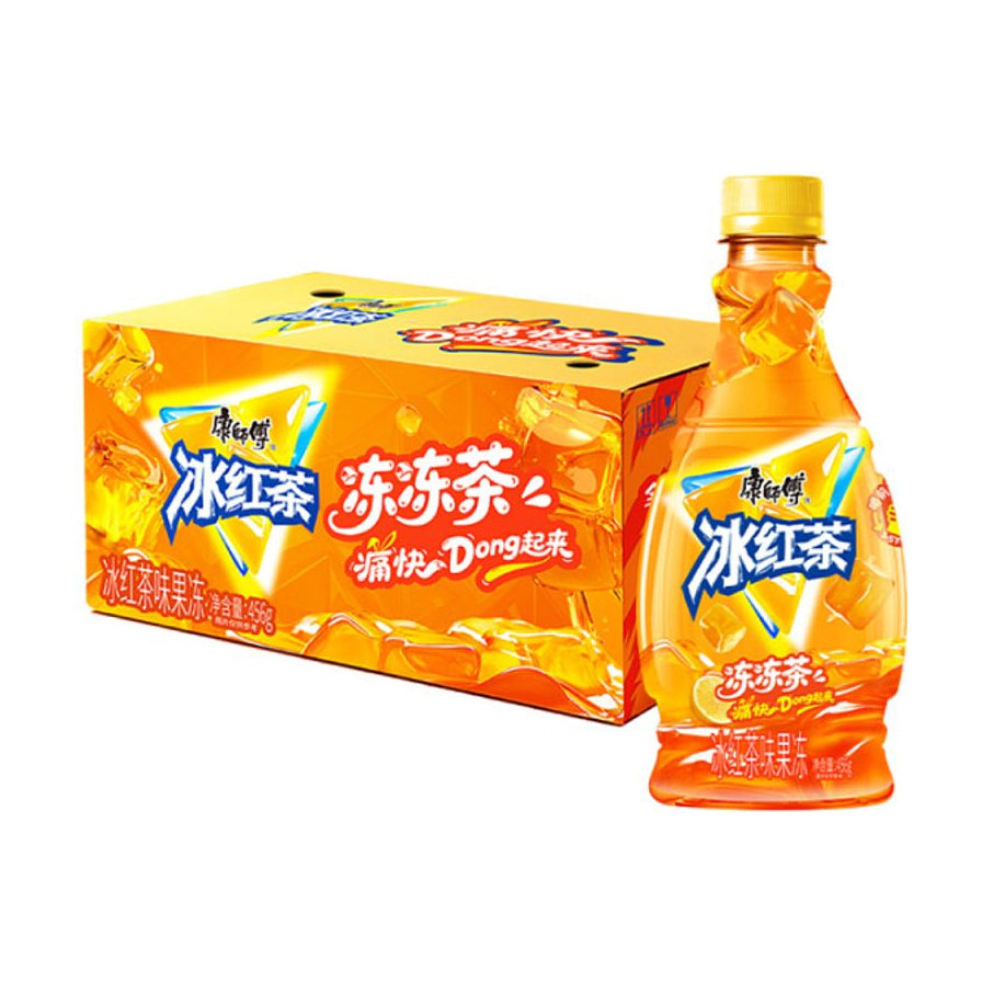 康师傅冰红茶冻冻茶果冻，包含一瓶456g单瓶装和一箱12瓶整箱装，包装呈现明亮的橙黄色调，印有冰块和柠檬图案。