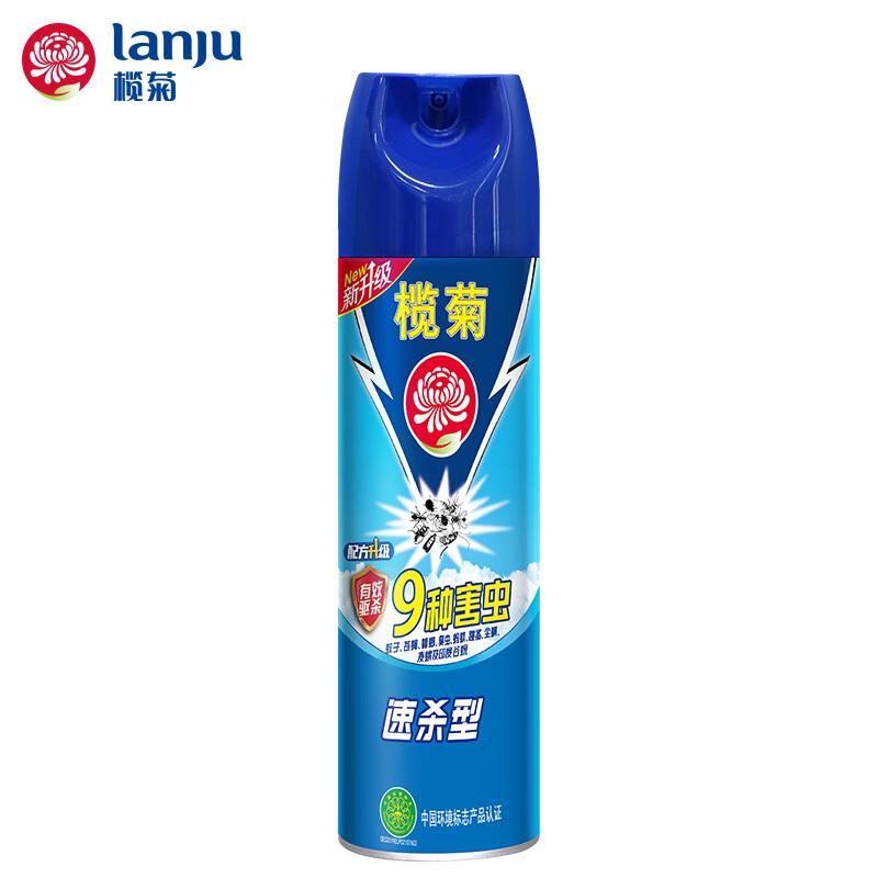 榄菊速杀型杀虫气雾剂标准款正面包装，白色瓶身配绿色标签，适用于家庭灭蚊蟑螂。