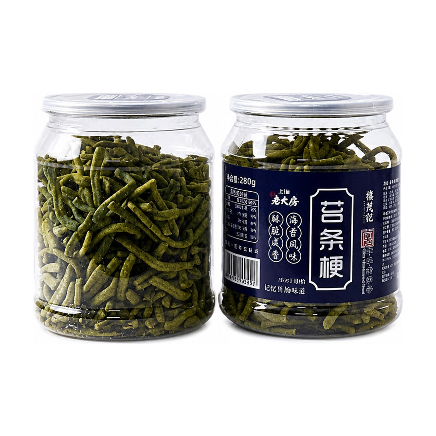两罐老大房苔条梗展示，透明密封罐装，可见内部深绿色酥脆海苔条，包装标签印有老大房品牌标识及苔条梗字样。