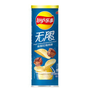 乐事无限系列薯片罐装，吮指红烧肉味，红色包装正面图