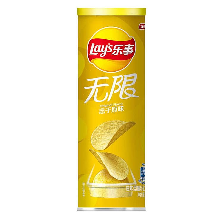乐事无限系列薯片罐装，忠于原味，蓝色包装正面图