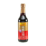 李锦记特鲜生抽500毫升瓶装正面图，标签显示不加防腐剂、天然酿造。