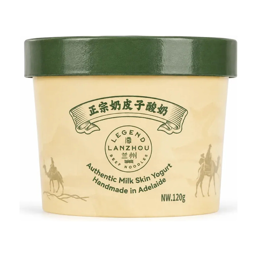 德兰州正宗奶皮子酸奶120g杯装，白色背景下的正面视角，包装上印有兰州拉面品牌标识及骆驼图案。