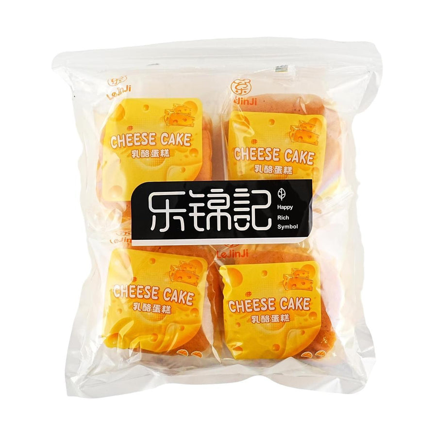 乐锦记乳酪蛋糕大包装，透明袋内装有四个独立包装的黄色乳酪蛋糕，印有CHEESE CAKE字样。