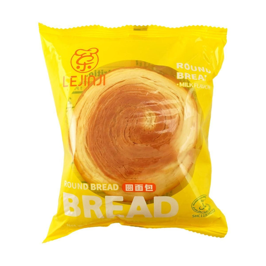 乐锦记碱水面包丁黄色独立包装袋，正面印有圆形面包图案及ROUND BREAD英文标识。