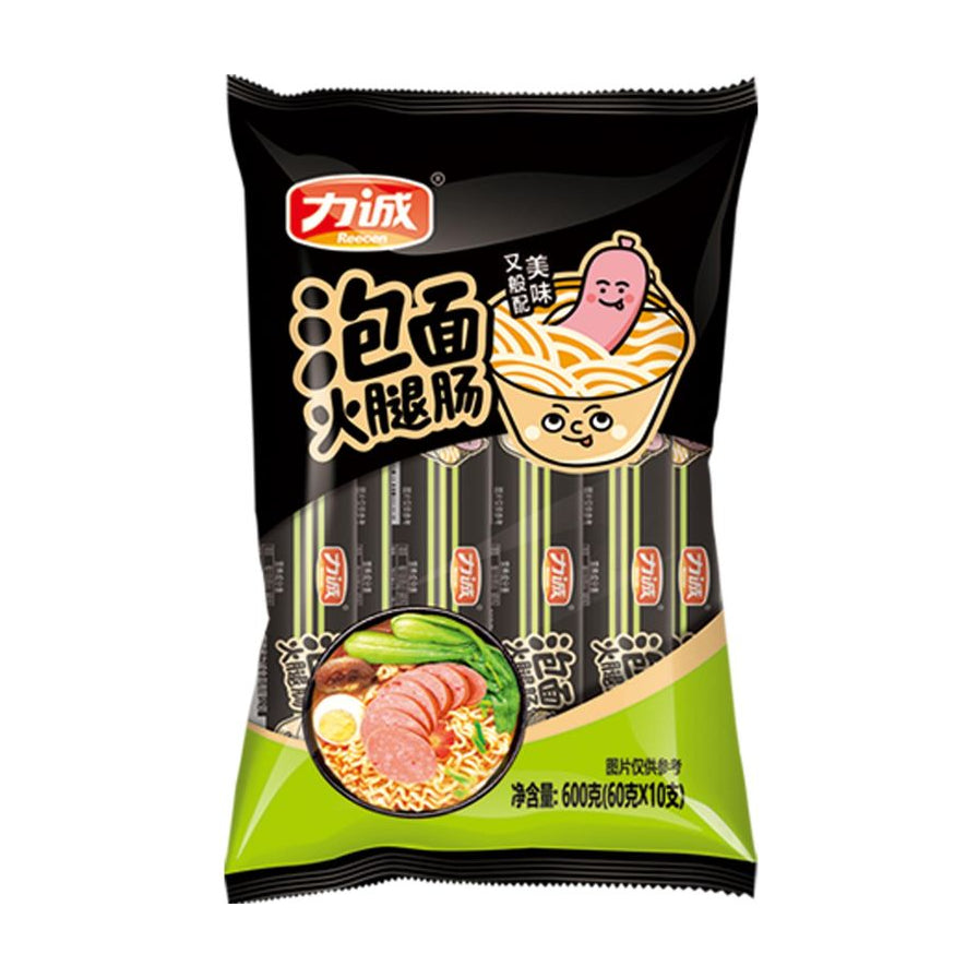 力诚伙伴泡面火腿肠600g大包装，黑色与绿色包装袋，印有泡面碗卡通形象及火腿肠切片配面示意图，内含10支独立包装。