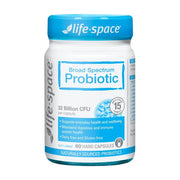 Life - Space 益生菌胶囊瓶身正面图，蓝白瓶盖，标签写有 Broad Spectrum Probiotic、32 Billion CFU、60 Hard Capsules。