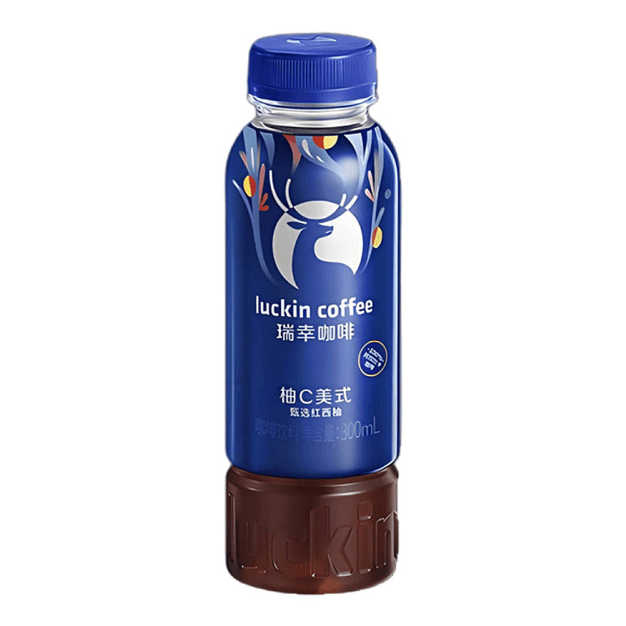 单瓶瑞幸柚C美式瓶装咖啡，蓝色包装印有柚C美式及甄选红西柚字样，底部显示深色咖啡液体。