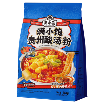满小饱贵州酸汤粉 351g 包装正面图，展示红酸汤口味与响铃卷配料