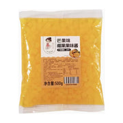 芒果味椰果果味酱500g袋装，透明包装可见内部黄色Q弹椰果粒，标签印有芒果图案和详细产品信息。