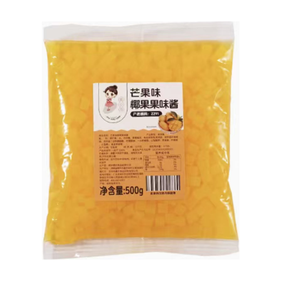 芒果味椰果果味酱500g袋装，透明包装可见内部黄色Q弹椰果粒，标签印有芒果图案和详细产品信息。