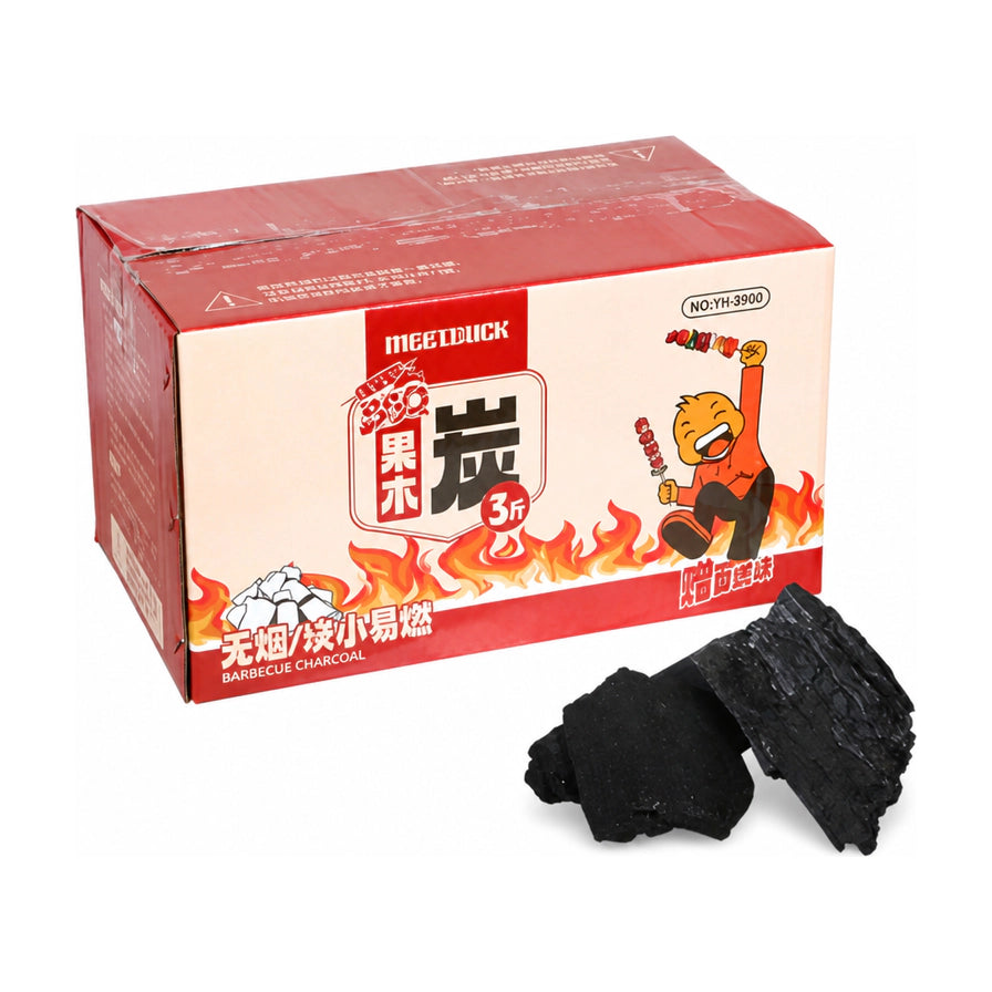 MEET DUCK 无烟果木烧烤炭包装盒与黑色炭块展示，包装上印有卡通形象和火焰图案，规格为3斤。