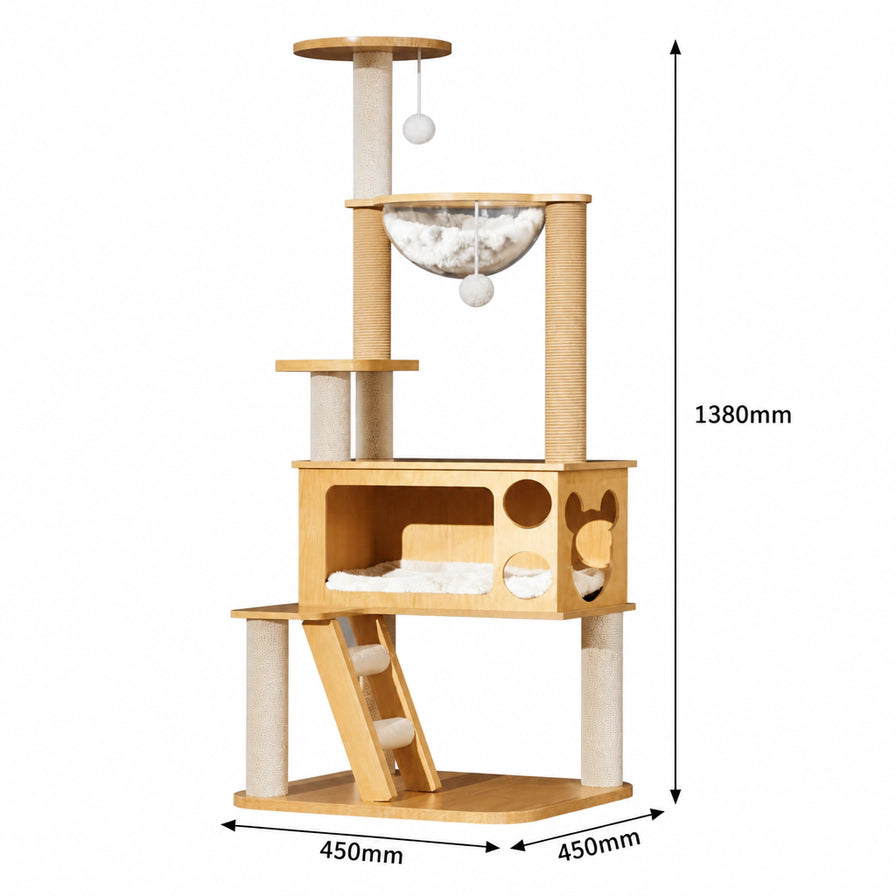 喵仙堡02猫爬架尺寸标注图，显示高度为1380mm，底座占地面积为450mmx450mm。