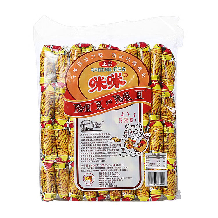 咪咪虾味条独立小包装展示，干爽不沾手的酥脆零食