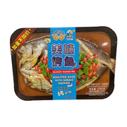 闽威青花椒口味秘制现烤活鲈鱼包装图，展示整条鲈鱼配以青红椒圈，包装上标有加量不加价字样。