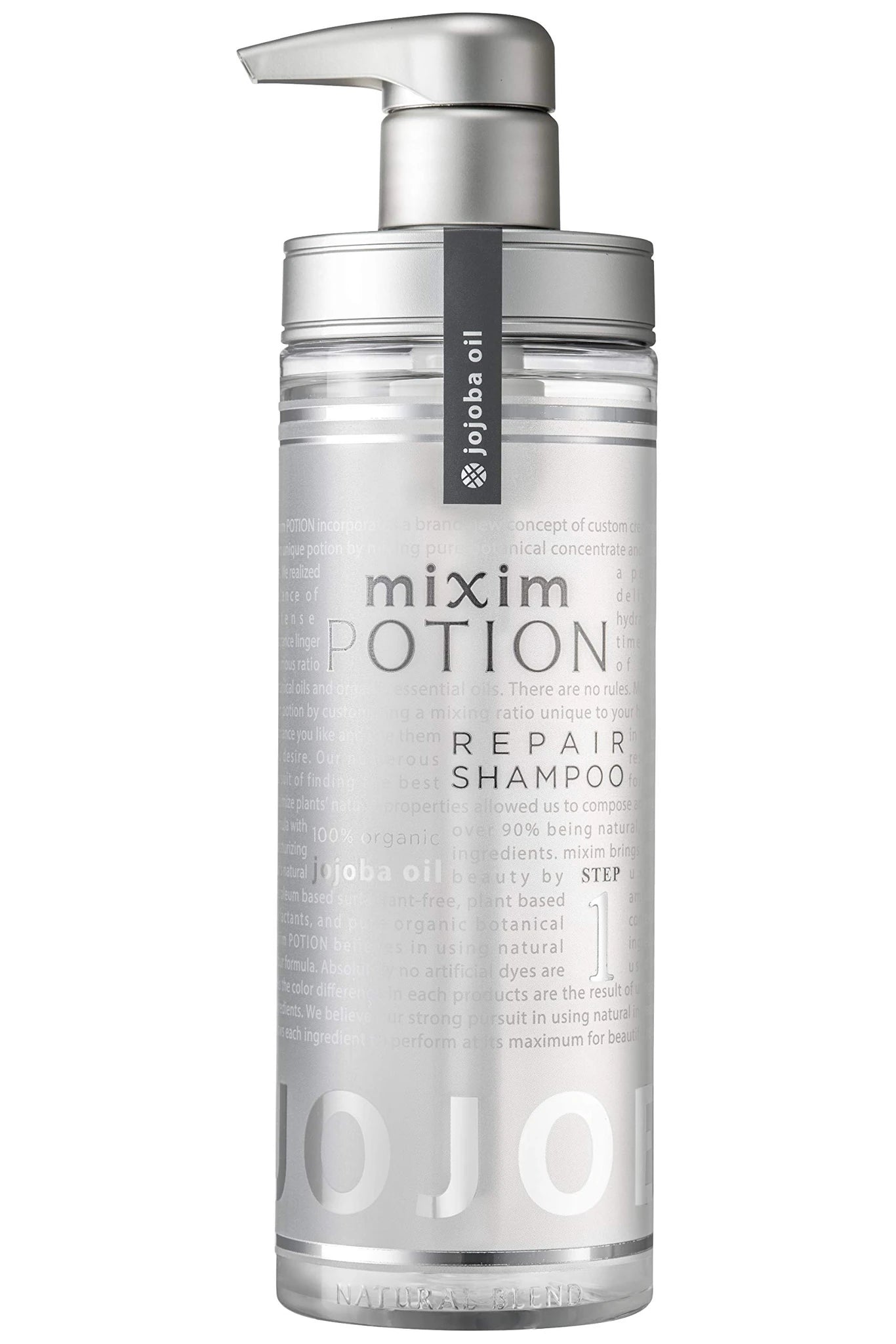 Mixim Potion 精油修复洗发精正面特写，银色泵头瓶身展示品牌与成分信息。