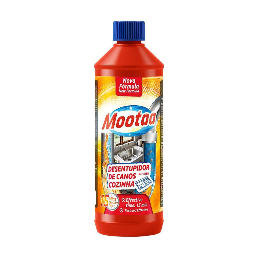 管通专家厨房管道疏通剂，红色瓶装，正面标签印有Mootaa品牌名及厨房水槽疏通示意图，标注15分钟快速见效。