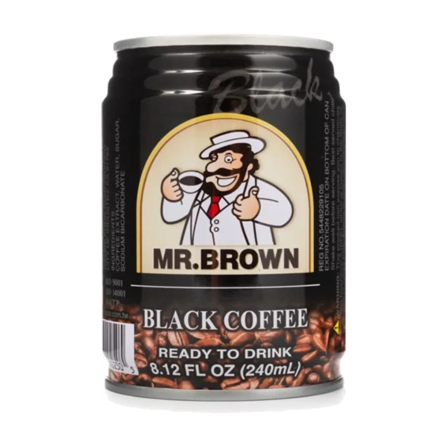 MR.BROWN 伯朗黑咖啡 240mL 罐装正面图，黑色罐身印有经典品牌人物标识和咖啡豆图案。