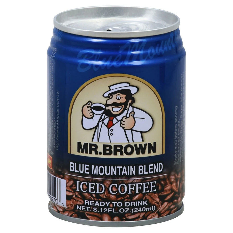 MR.BROWN 伯朗蓝山风味即饮咖啡 240mL 罐装，蓝色罐身，标注有 Blue Mountain Blend 字样。